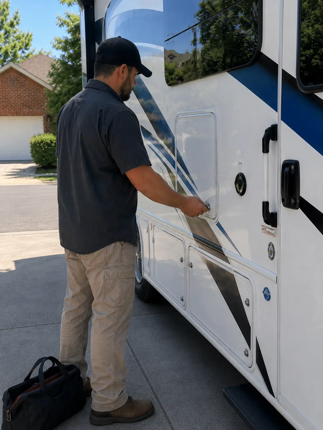 RV technician repairing a motorhome in Fort Worth, TX